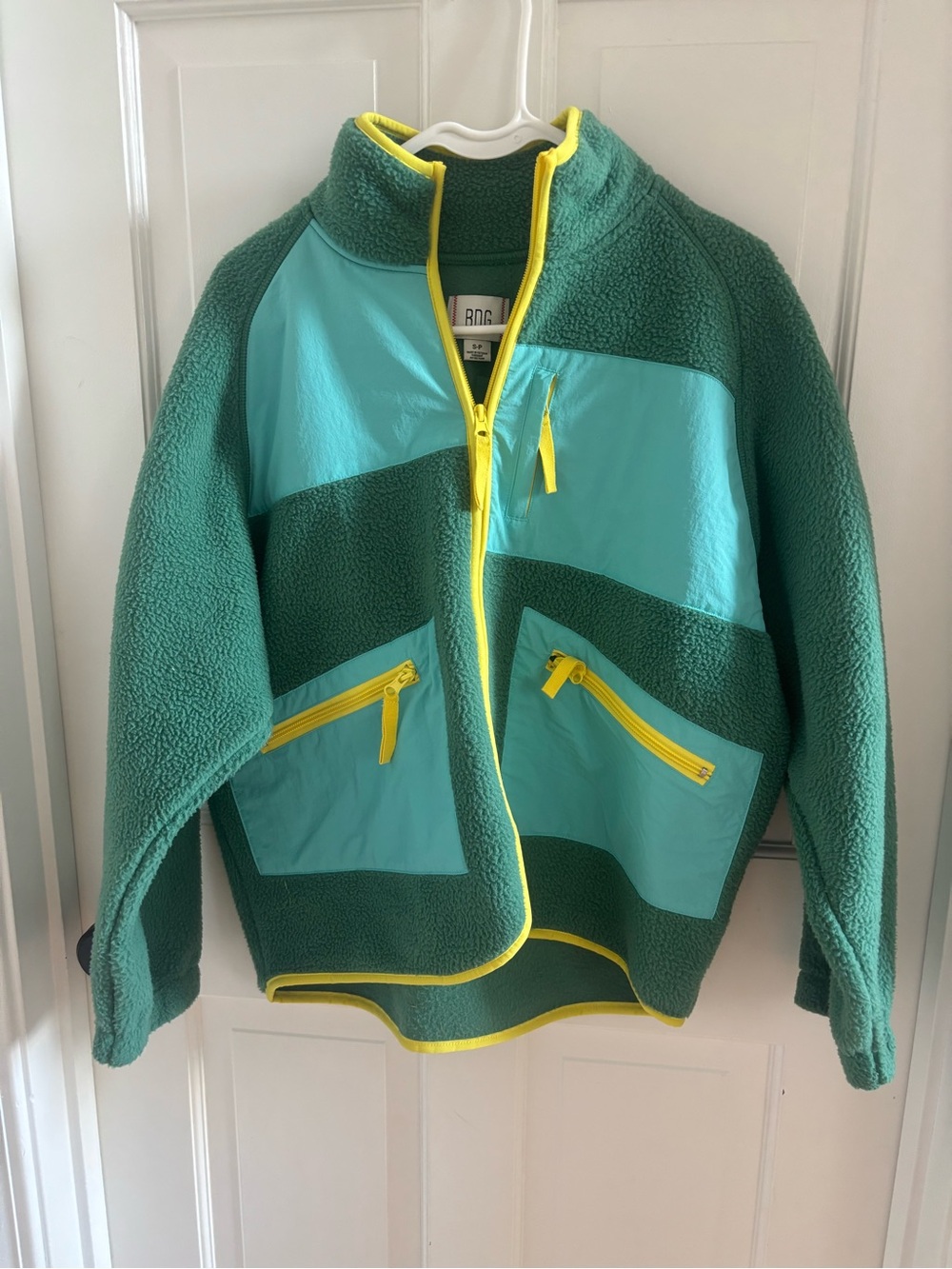 BDG Green and Aqua Fleece Jacket with Yellow Trim